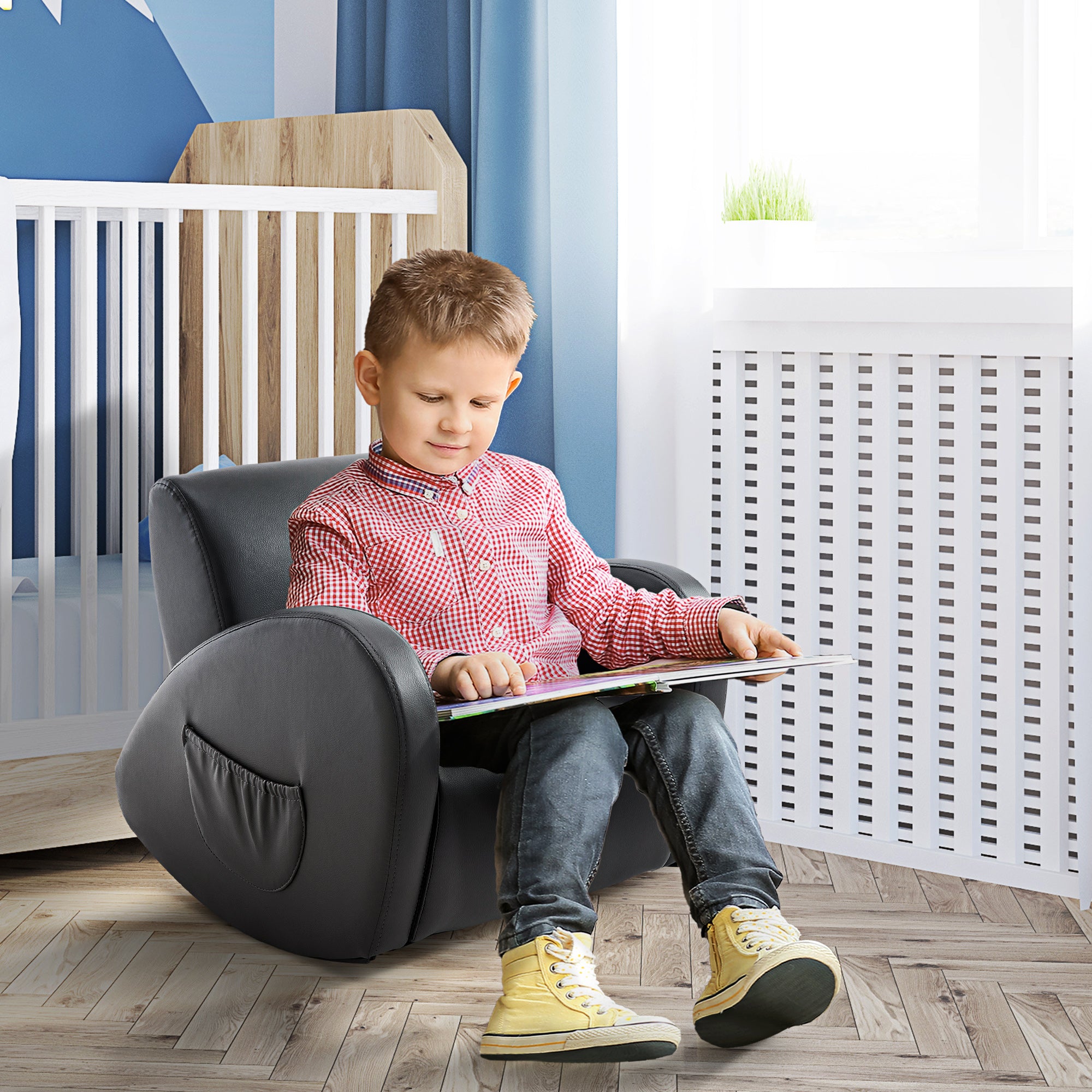 Mecedora de sofá para niños con bolsillo lateral, sillón de PU de cuero para niños pequeños, gris