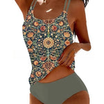 High-waist bikini swimsuit with teal floral tank top and olive solid bottoms