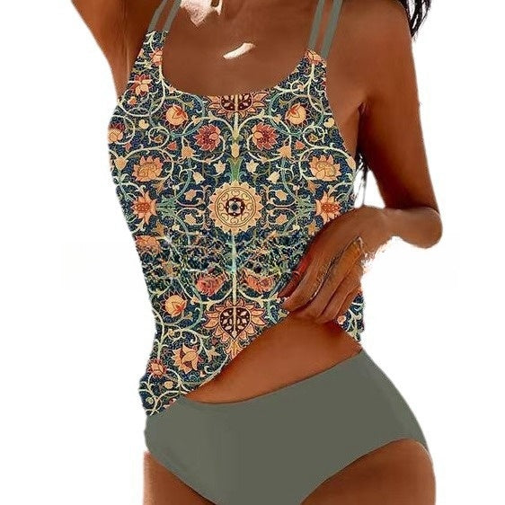 High-waist bikini swimsuit with teal floral tank top and olive solid bottoms