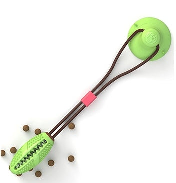 Green textured chew tug toy with light green suction cup pad and rope handle