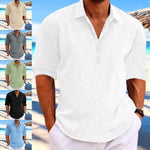 Men's loose pullover shirt, white, button-front V-neck, rolled sleeves