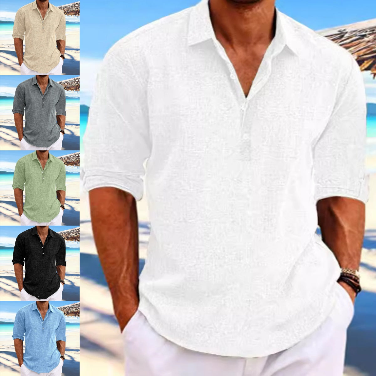 Men's loose pullover shirt, white, button-front V-neck, rolled sleeves