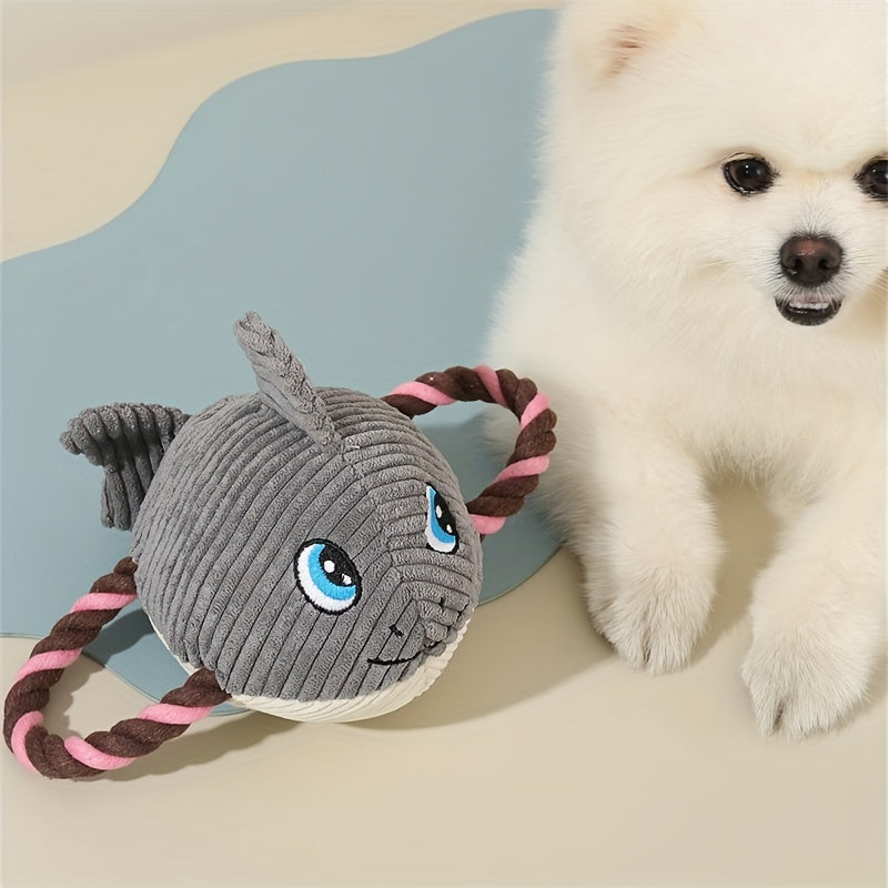 Gray turtle-shaped plush dog chew toy with braided rope legs