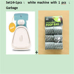White-and-blue foldable dog poop scooper with black top, includes poop bag pack.
