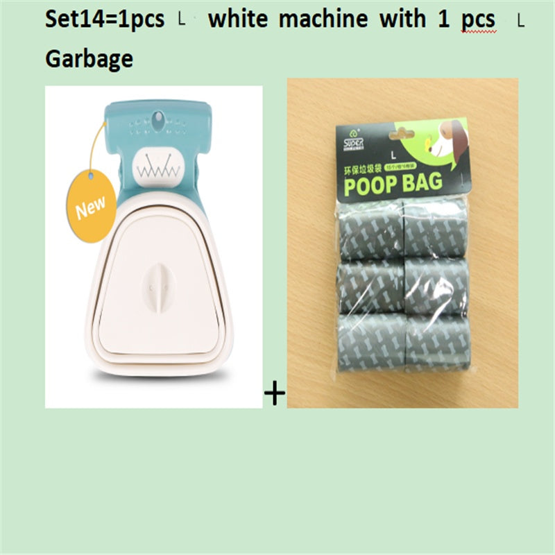 White-and-blue foldable dog poop scooper with black top, includes poop bag pack.