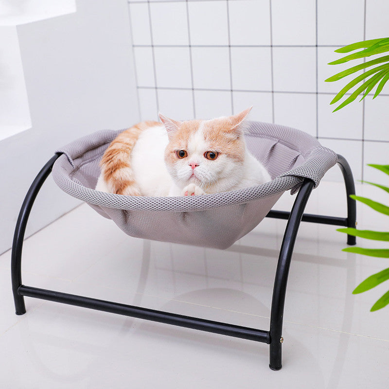 Grey pet camping bed with mesh hammock and black metal frame, kitten inside