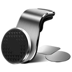 Car air vent phone holder with circular magnetic pad and vent clip, silver and black