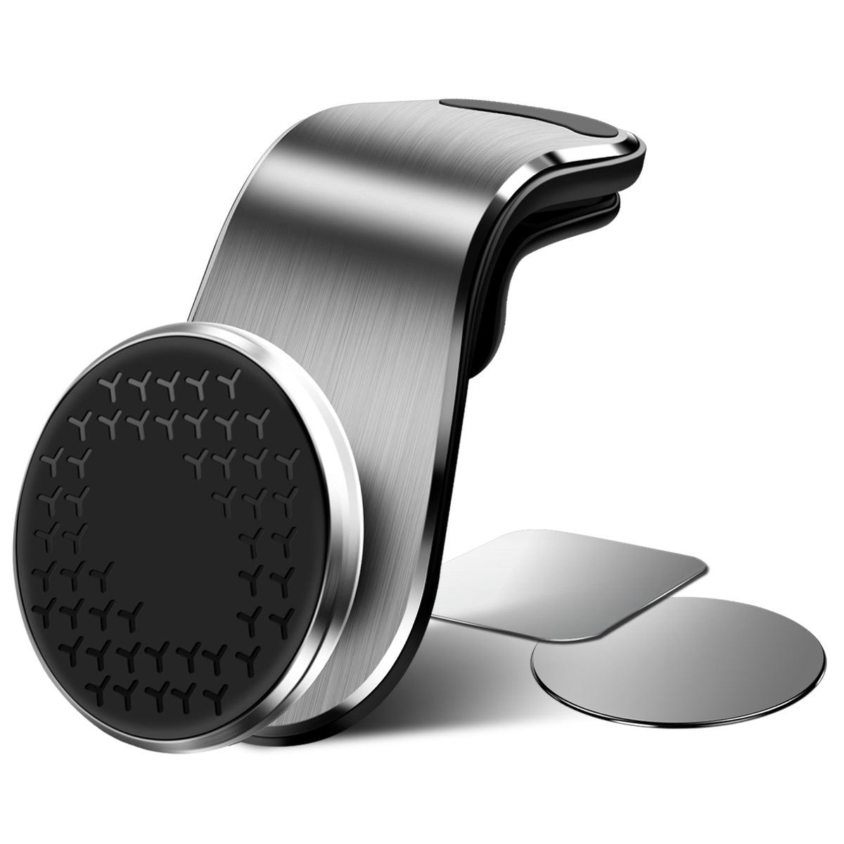 Car air vent phone holder with circular magnetic pad and vent clip, silver and black