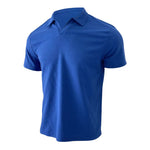 Waffle V-neck polo shirt, short sleeves, blue, front view on white background