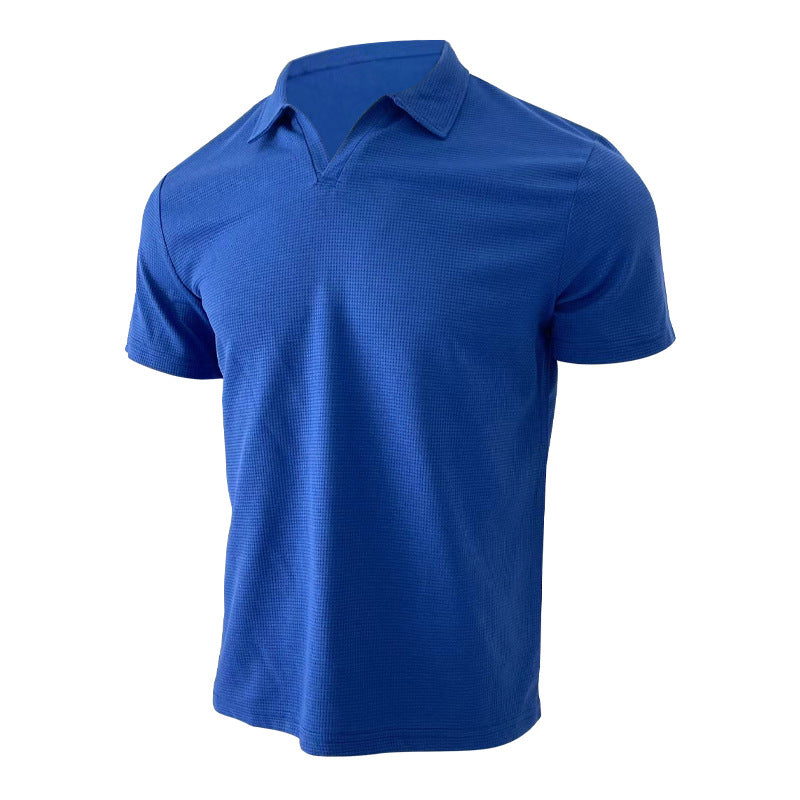 Waffle V-neck polo shirt, short sleeves, blue, front view on white background