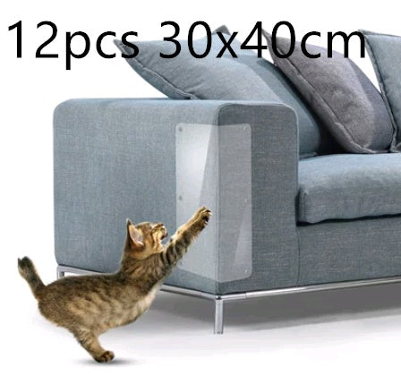 Translucent PVC sofa guard pad on blue sofa armrest with cat reaching upward
