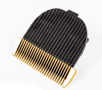Black and gold comb guard attachment for pet hair clipper.
