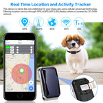 Pet GPS tracker promotional graphic with tracker, smartphone map, and pet on outdoor scene