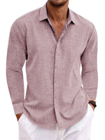 Mauve men’s long-sleeve button-front cardigan shirt with open collar and patch pocket
