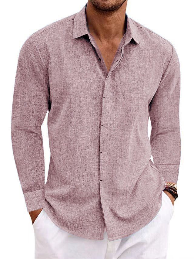 Mauve men’s long-sleeve button-front cardigan shirt with open collar and patch pocket