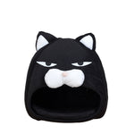 Black cat-face pet bed nest with hood opening and plush cushioned interior