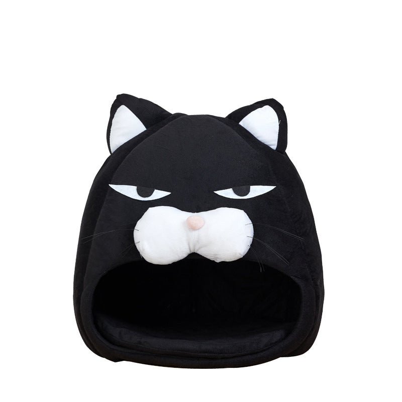 Black cat-face pet bed nest with hood opening and plush cushioned interior