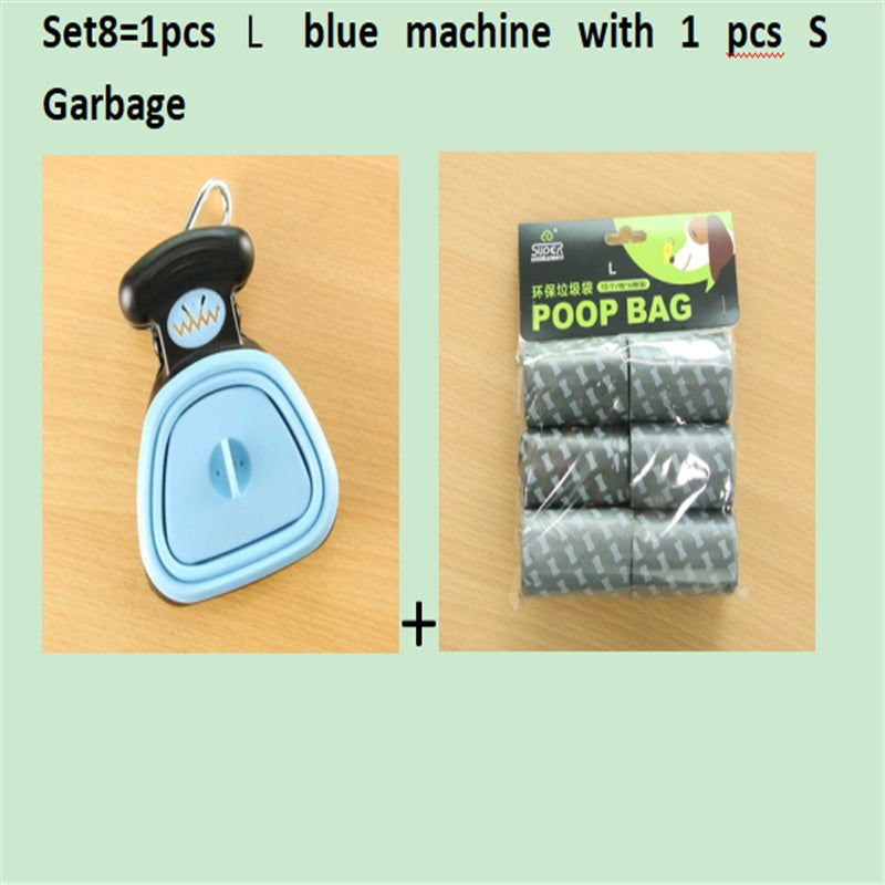 Foldable pet waste scooper set with L poop bags, blue tray and bag pack