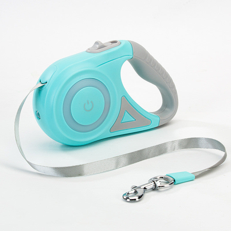 Retractable dog leash set, turquoise and gray case with gray strap and metal hook