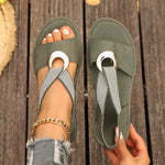 Fish-mouth wedge sandals with elastic ankle strap and jute-textured sole, olive green; side view.
