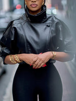 Lychee Grain Faux Leather Puff Sleeve Cropped Jacket - Stand Out in Style!