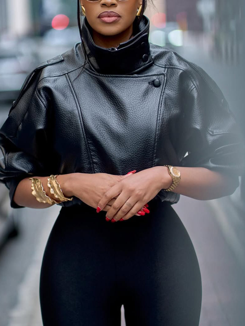 Lychee Grain Faux Leather Puff Sleeve Cropped Jacket - Stand Out in Style!