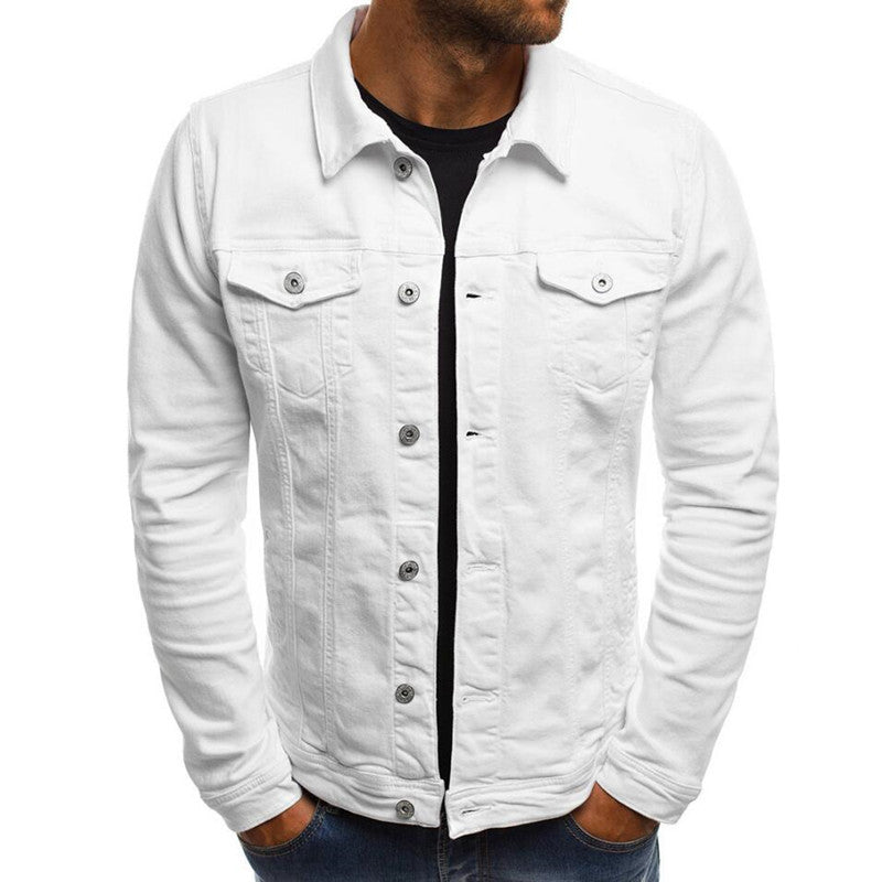 Men's denim button-front jacket with two chest flap pockets, white color.