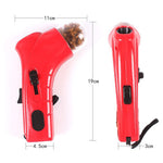 Red treat launcher toy with clear front dome and black trigger panel, front and side views.