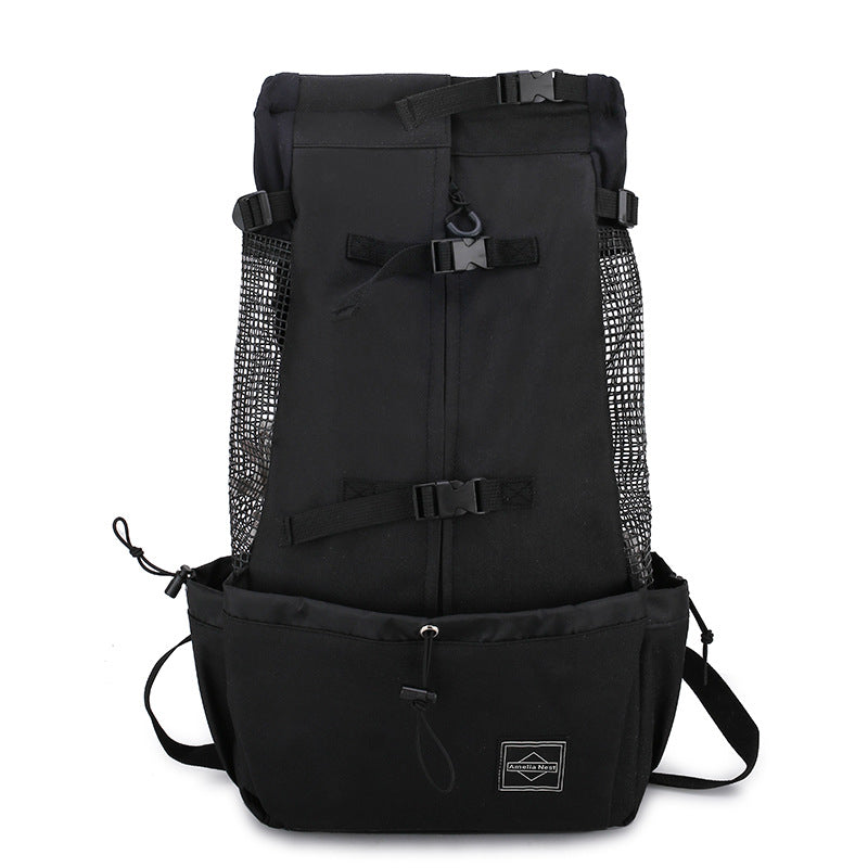 Black pet dog carrier backpack with mesh side panels and front storage pouch