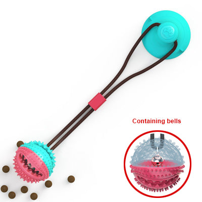 Blue suction cup tug toy with spiky ball on brown cord, bells feature shown