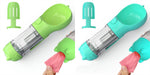 Portable pet water bottle feeders in lime and teal with transparent tubes and pink waste bag