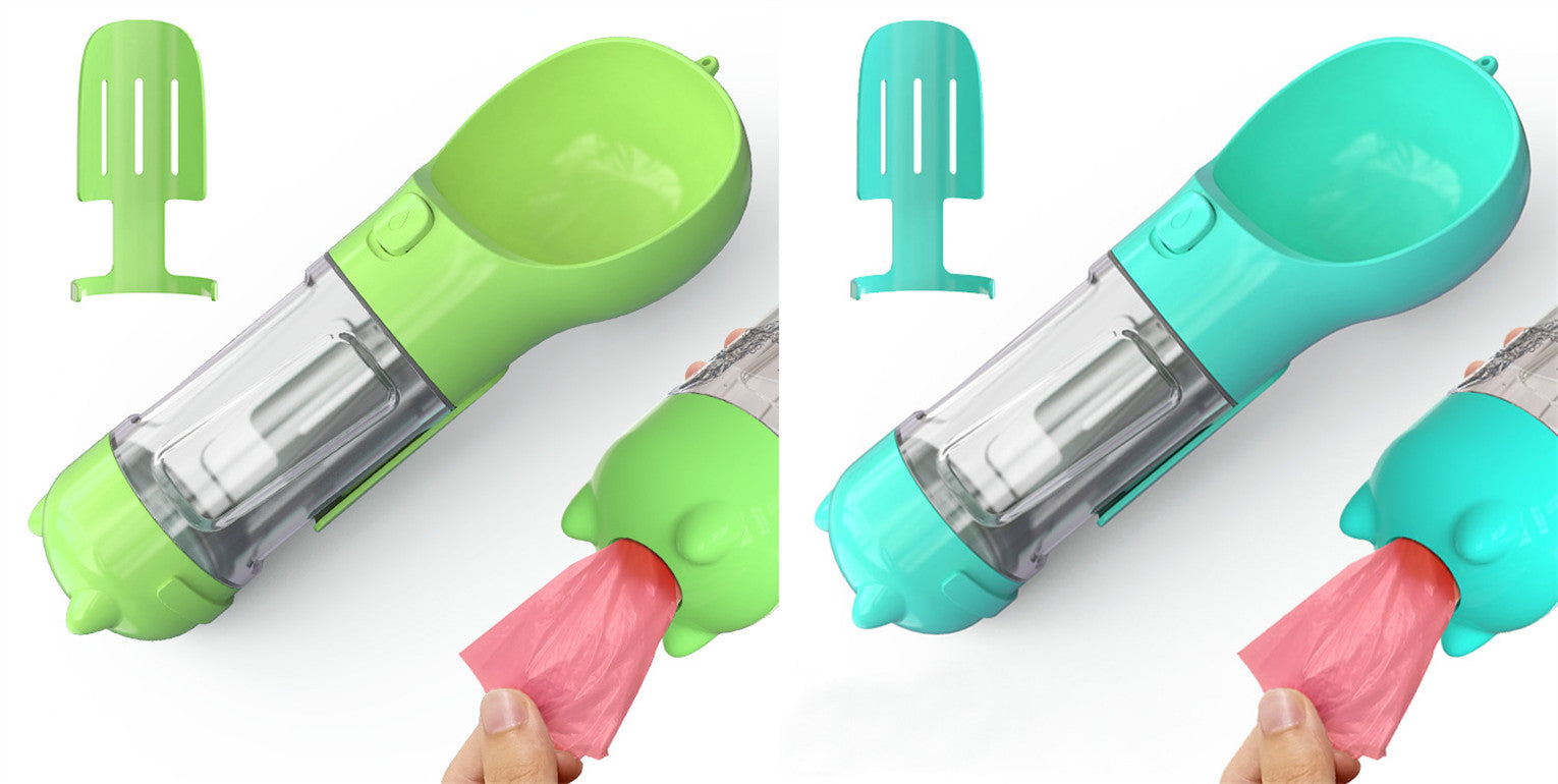 Portable pet water bottle feeders in lime and teal with transparent tubes and pink waste bag