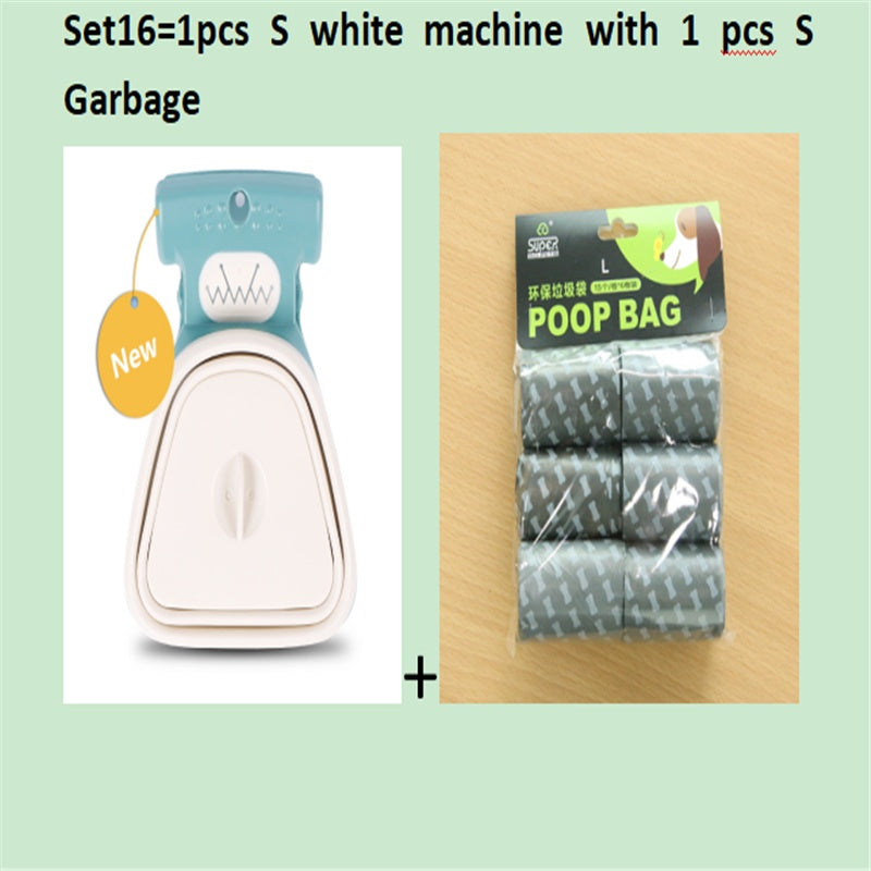 White-and-blue foldable dog poop scooper with black top, includes poop bag pack.