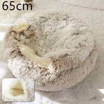Plush round pet bed with beige shag cover, 65cm