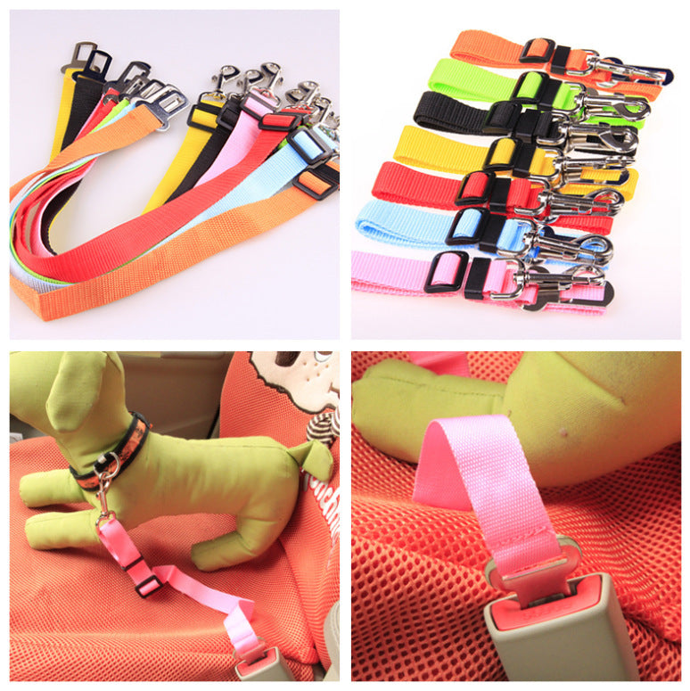 Colorful adjustable dog car seat belt straps with metal buckles and hooks