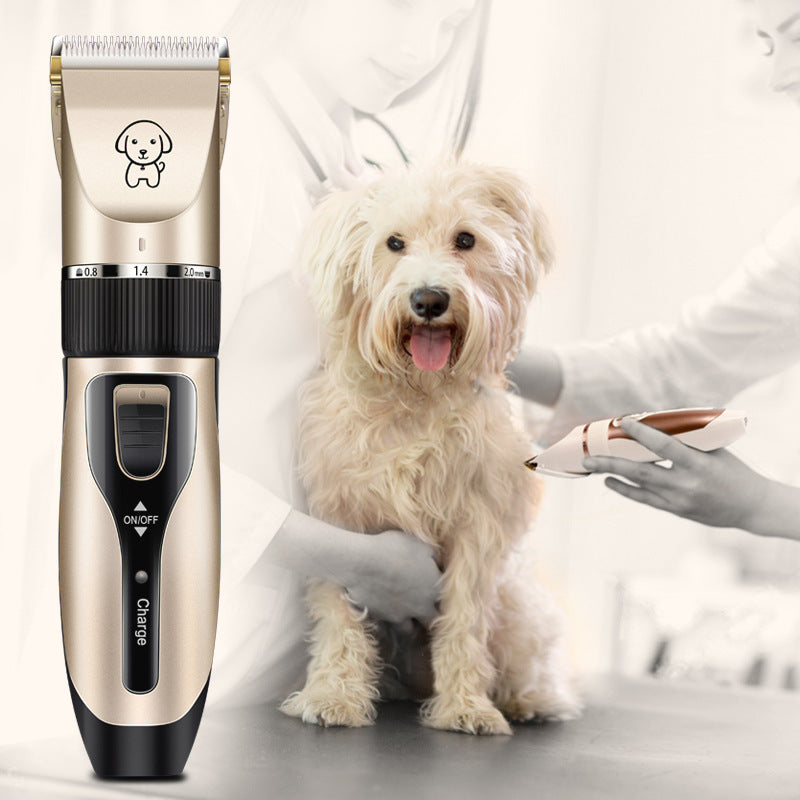 Rechargeable pet hair clipper with gold head, black grip, and adjustable comb guard