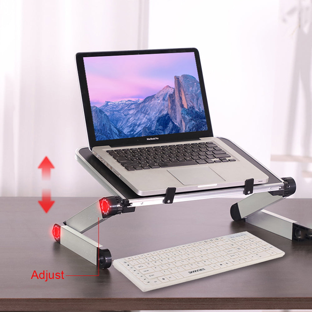 Adjustable foldable laptop stand with dark top and lower keyboard tray shelf