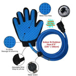 Blue pet bath shower set with silicone grooming glove, water switch, and coiled hose