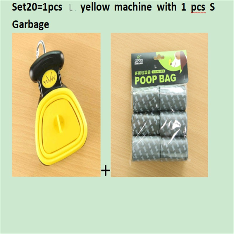 Yellow foldable dog pooper scooper and black waste bag pack