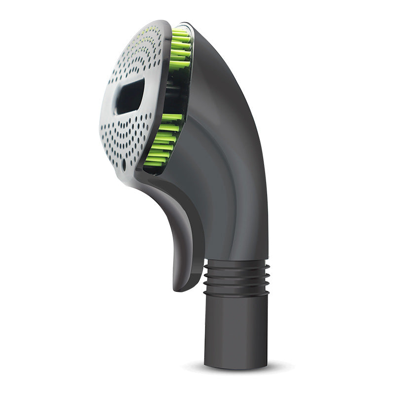 Grooming brush with perforated face, green bristles, and black-gray handle