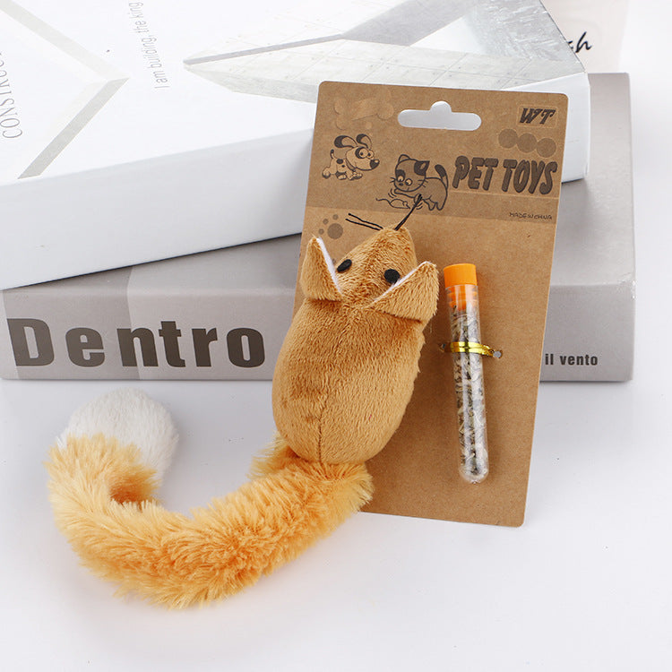 Plush long-tail mouse toy, tan, on pet toys card with wand charm
