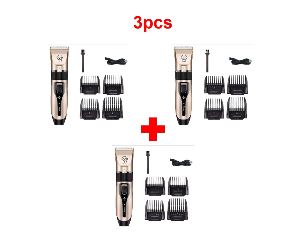 Pet clipper kit showing 3 included sets with clippers and multiple comb guards.