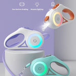 Retractable pet leash set with LED light rings in purple and teal colors