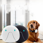 Dog anti-lost collar tracker with white and black round locator tags, dog wearing