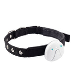 Black fabric dog collar with white round anti-lost tracker tag and blue indicator lights