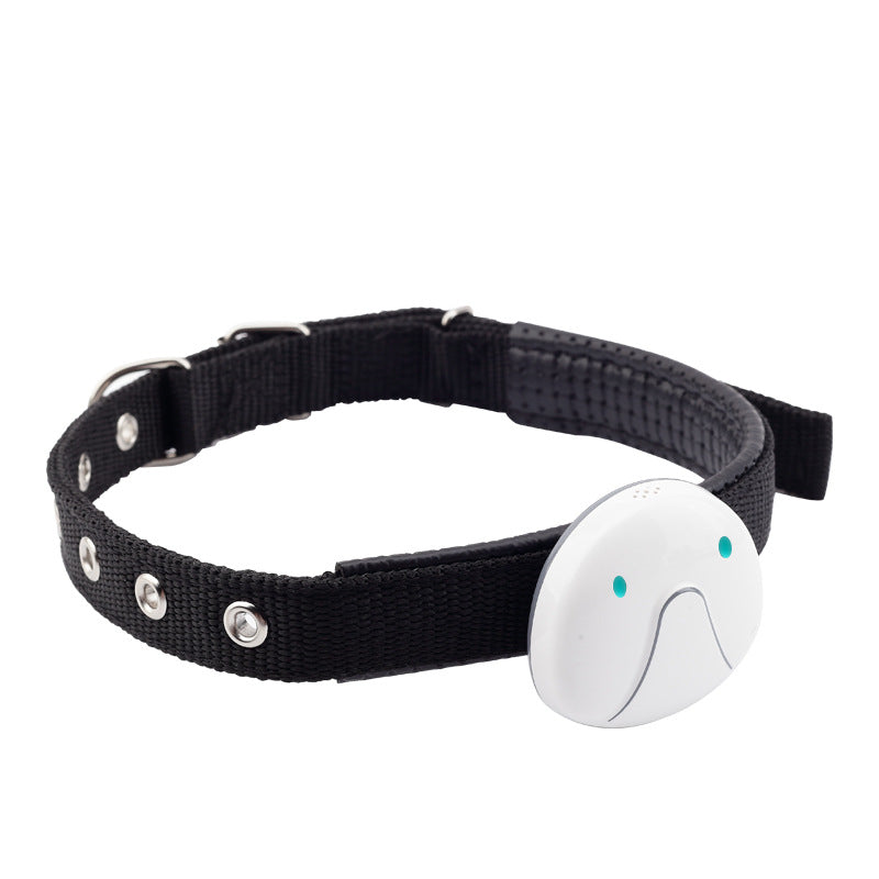 Black fabric dog collar with white round anti-lost tracker tag and blue indicator lights