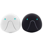 Pair of round anti-lost tracker tags in white and black with blue indicator dots