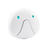 Round white anti-lost tracker tag with blue indicator lights and front speaker grille