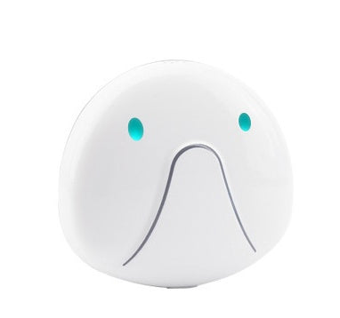 Round white anti-lost tracker tag with blue indicator lights and front speaker grille