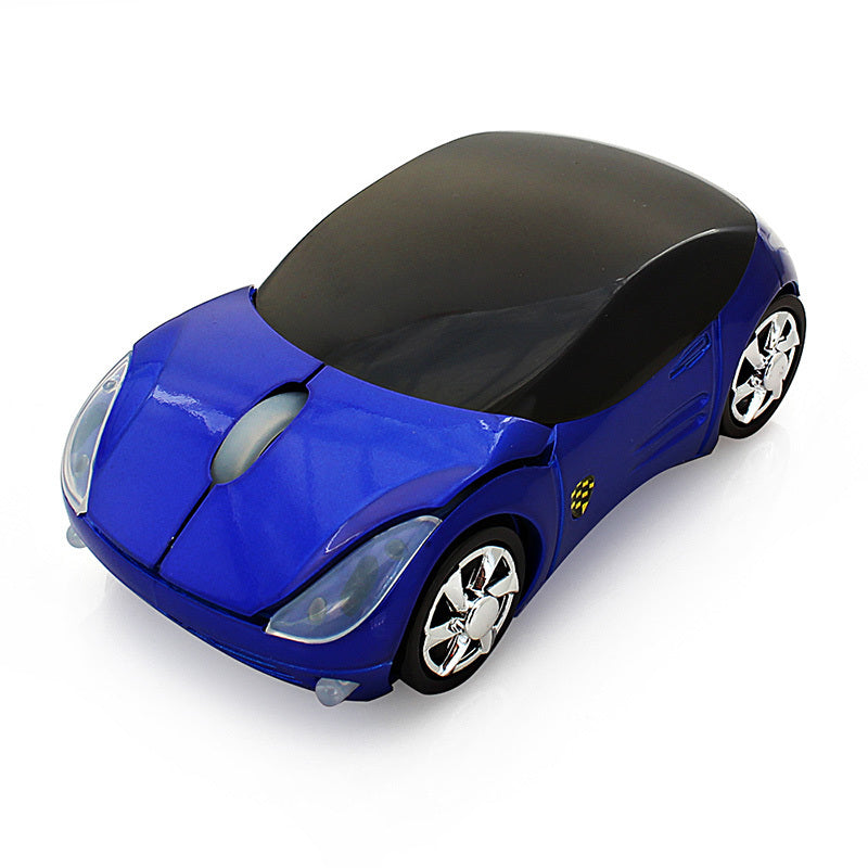 Wireless car mouse, blue toy-car style with black top and chrome wheel details